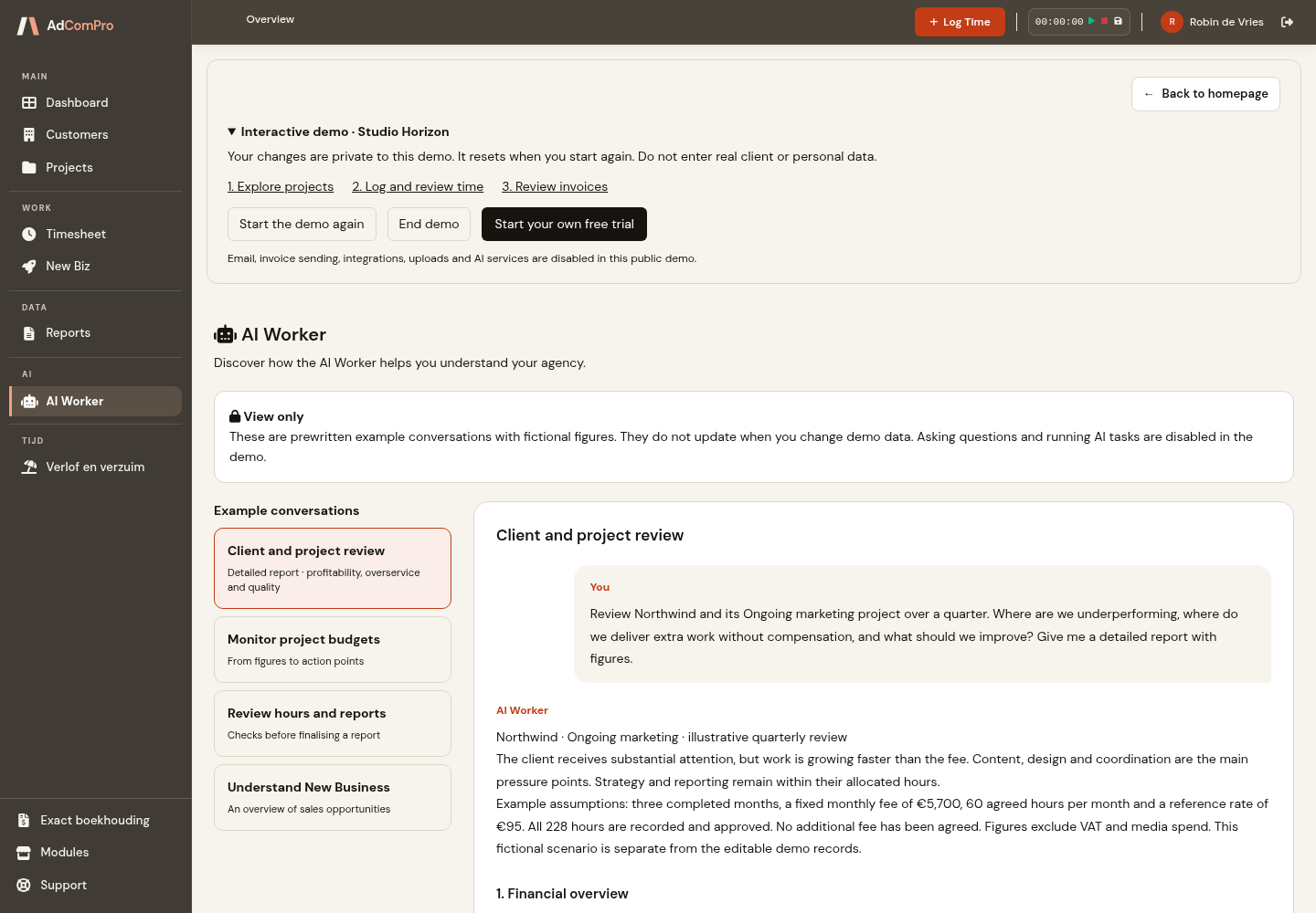 AdComPro AI Worker example conversation about project budgets, hours and overservice