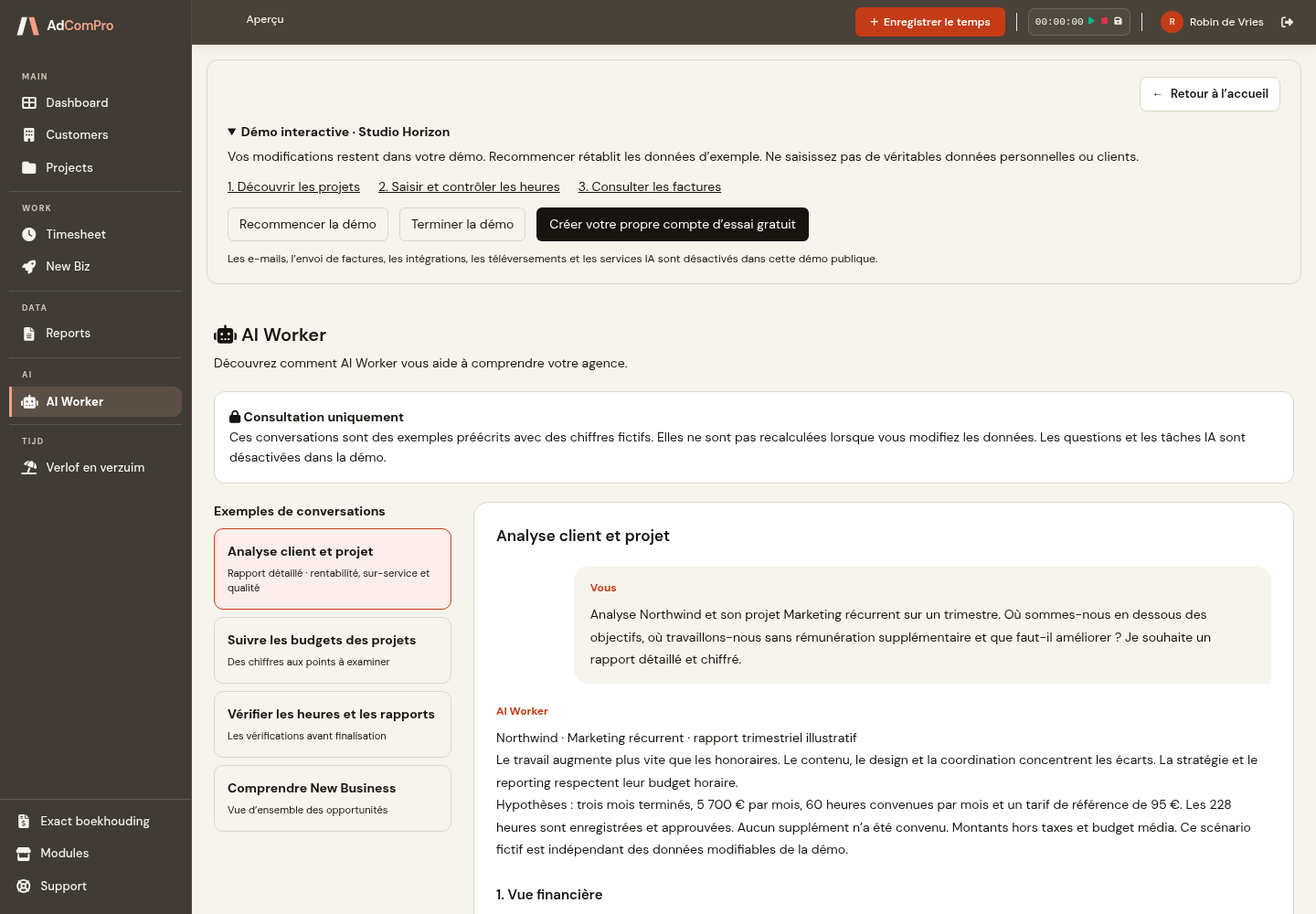 Conversation d’exemple dans AdComPro AI Worker sur les budgets, les heures et le sur-service