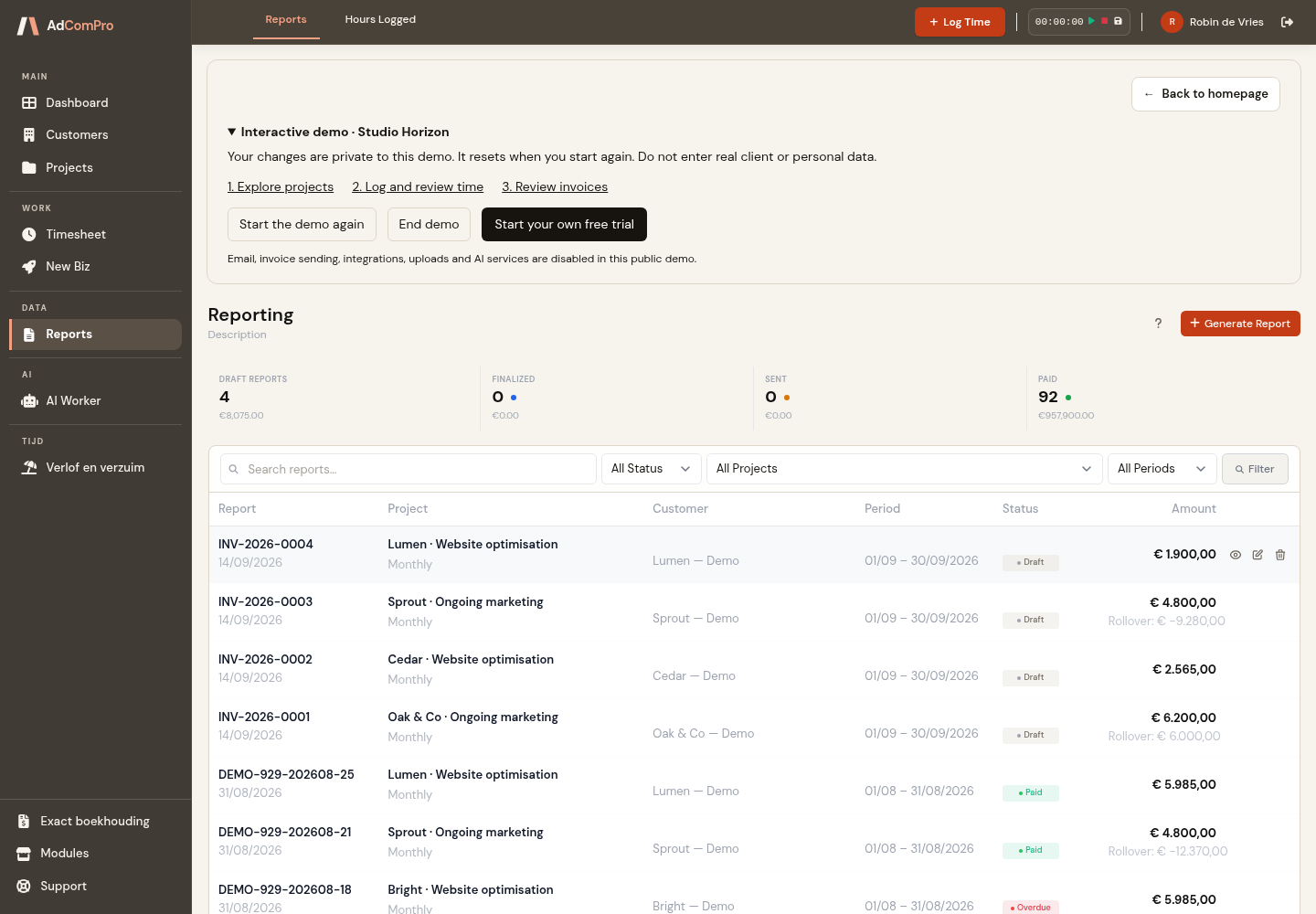 AdComPro demo showing draft reports, customers and invoice amounts
